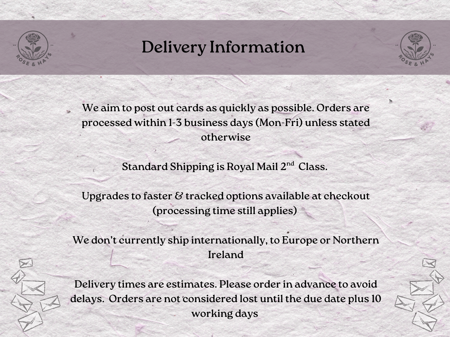 Delivery information text on a textured background with floral elements
