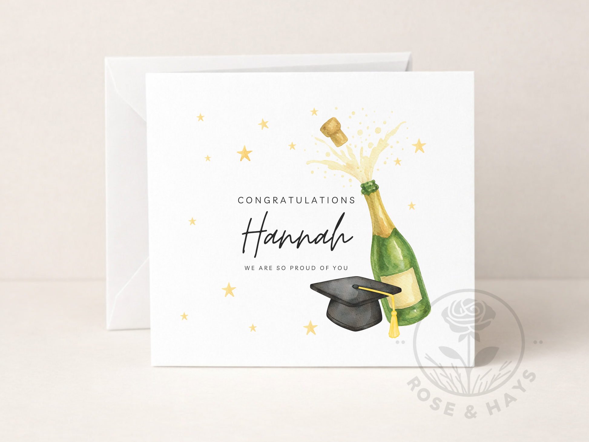 Graduation-themed card with champagne bottle and cap, personalized text on a beige background.