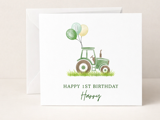 Birthday card with a green tractor and balloons on a white background