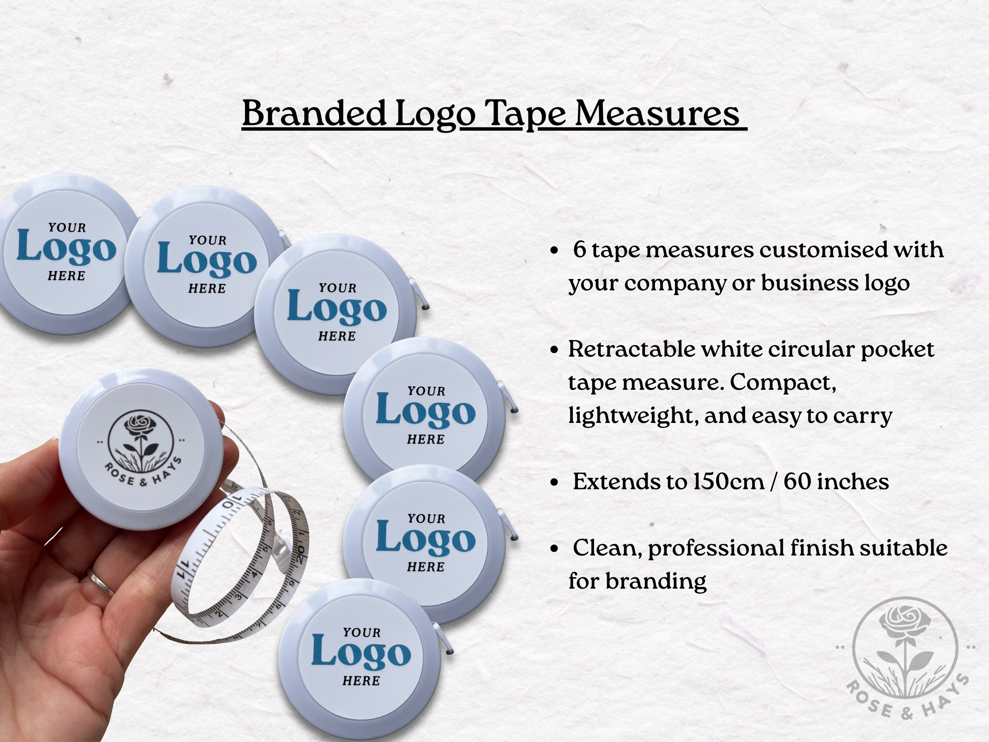 Branded logo tape measures with customizable branding on a white background