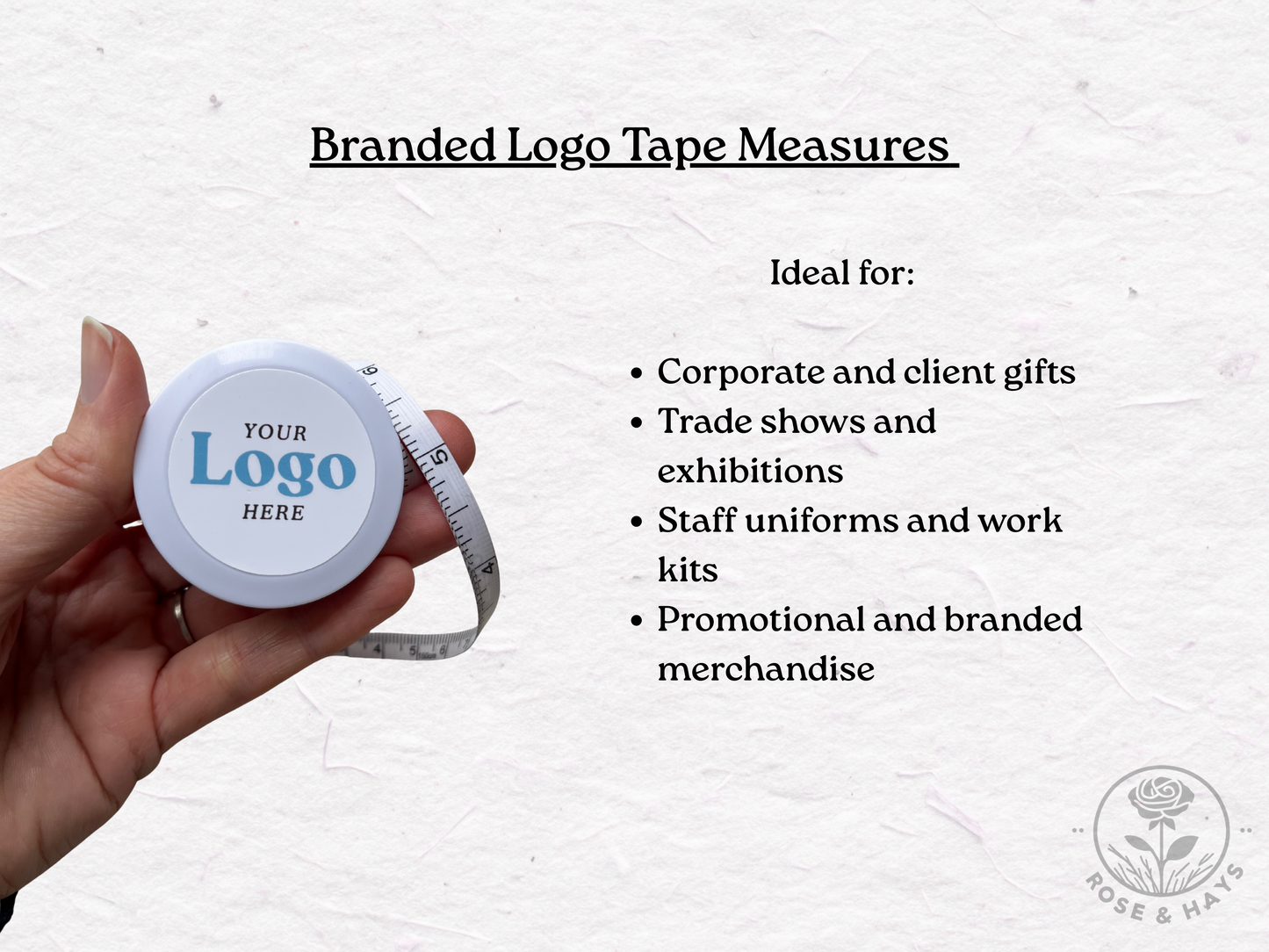 Branded logo tape measure held by a hand with text on a light background. Branded logo tape measure held by a hand with text on a light background. Ideal for corporate events and client gifts and exhibitions. promotional and branded merchandise.