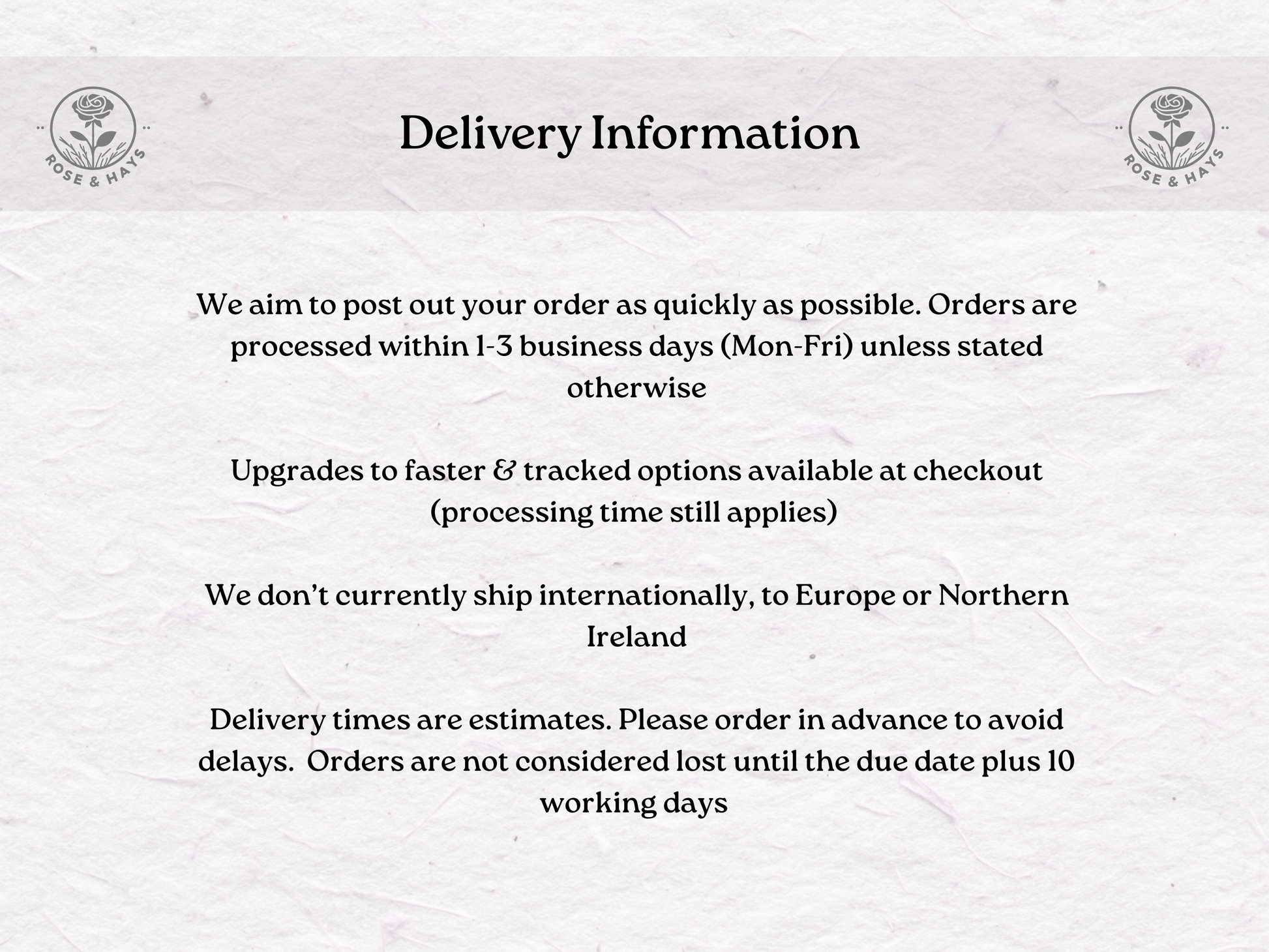 Delivery information text on a white background with a floral logo.