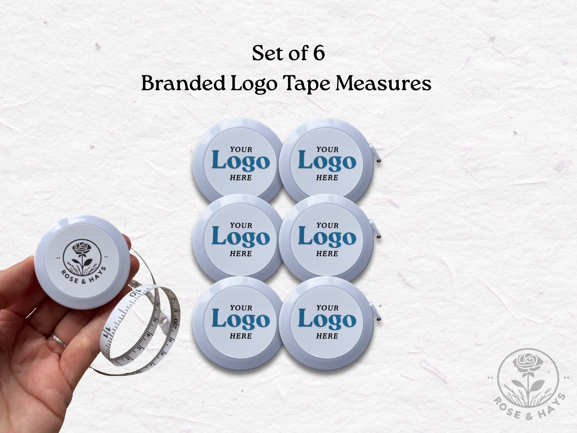 Set of 6 branded logo tape measures on a white background
