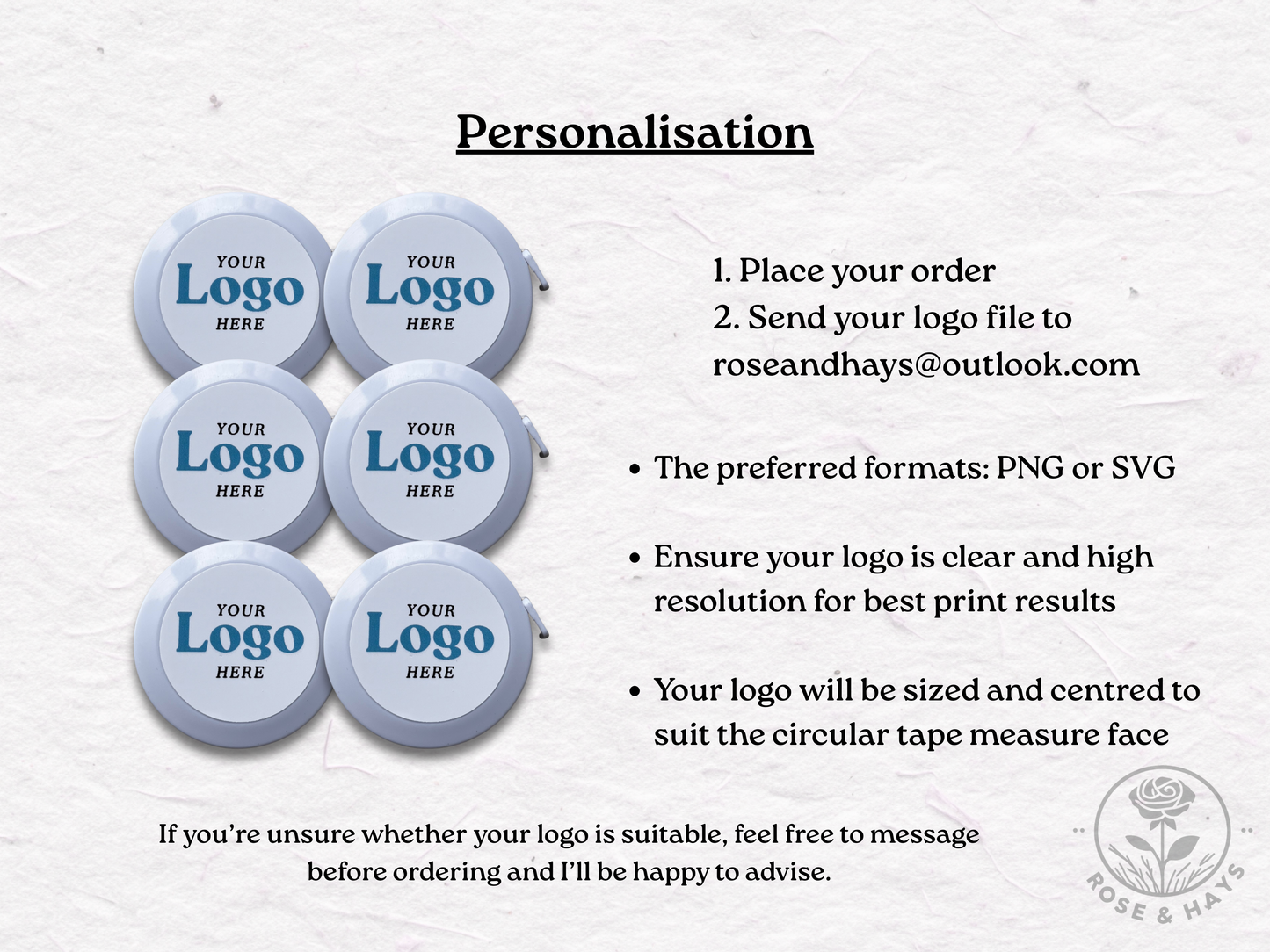 Instructions for personalizing circular tape measure faces with a logo, including contact information and requirements.