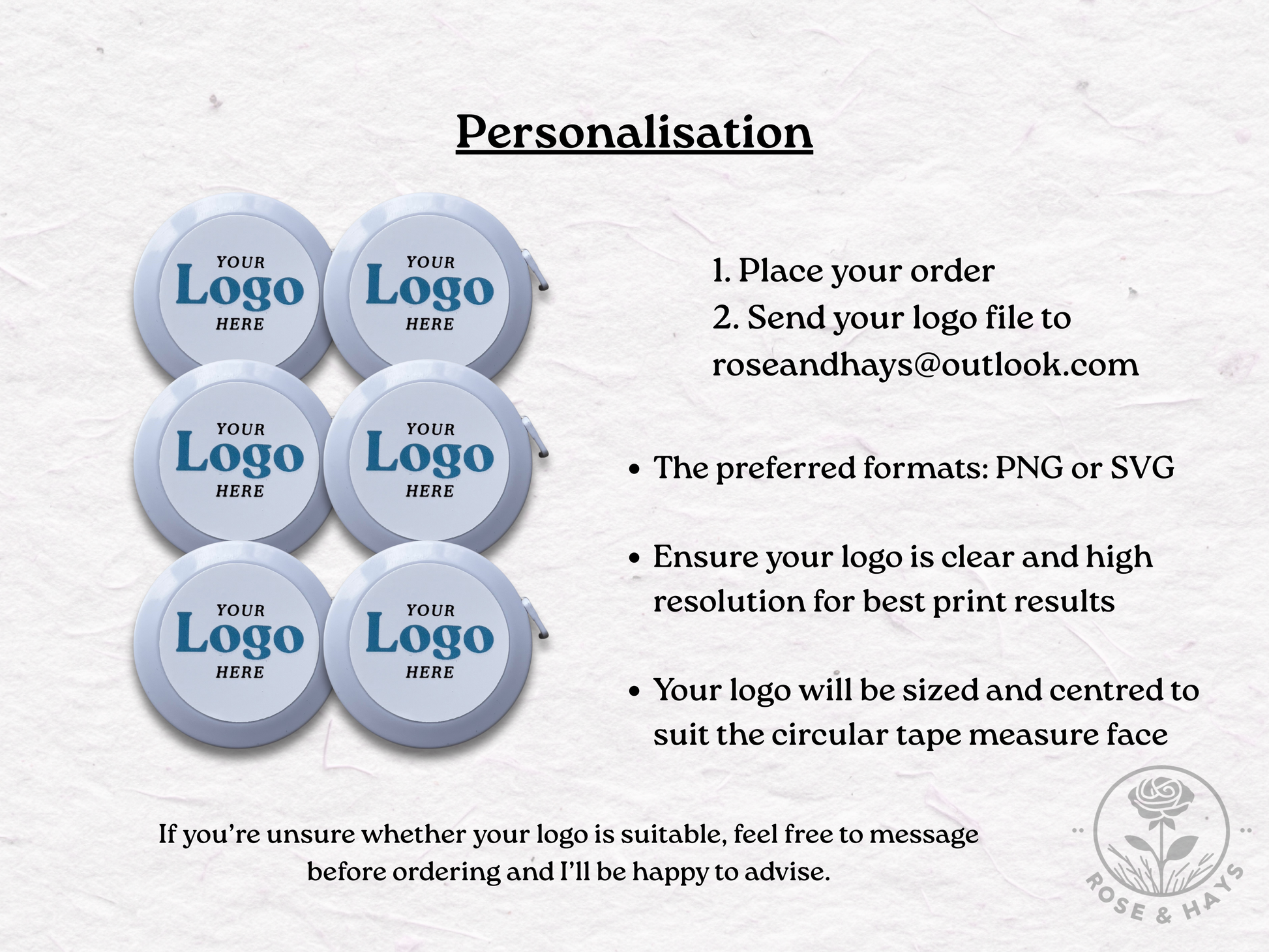 Instructions for personalizing circular tape measure faces with a logo, including contact information and requirements.