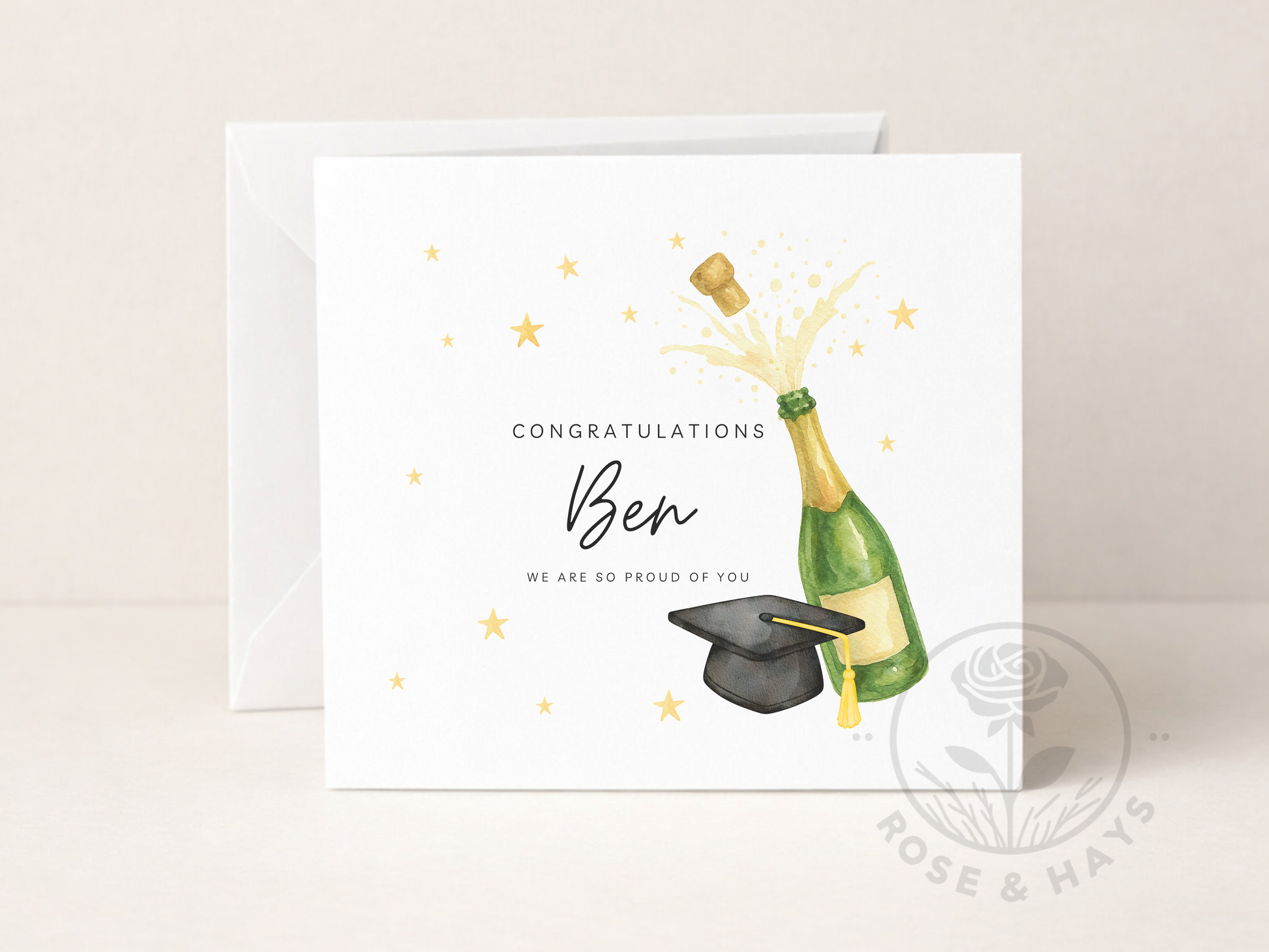 Graduation-themed congratulatory card with champagne bottle and cap, on a beige background.