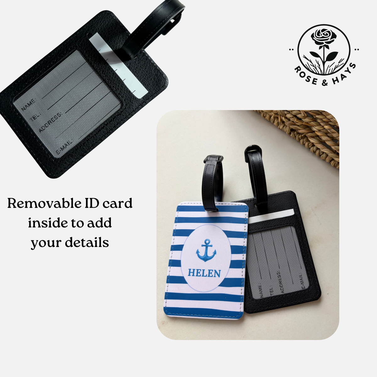 Personalized black faux-leather luggage tag with a black strap and a white oval patch featuring a blue anchor and the name 'HELEN'. A second view shows the tag with a blue and white striped ID pocket.