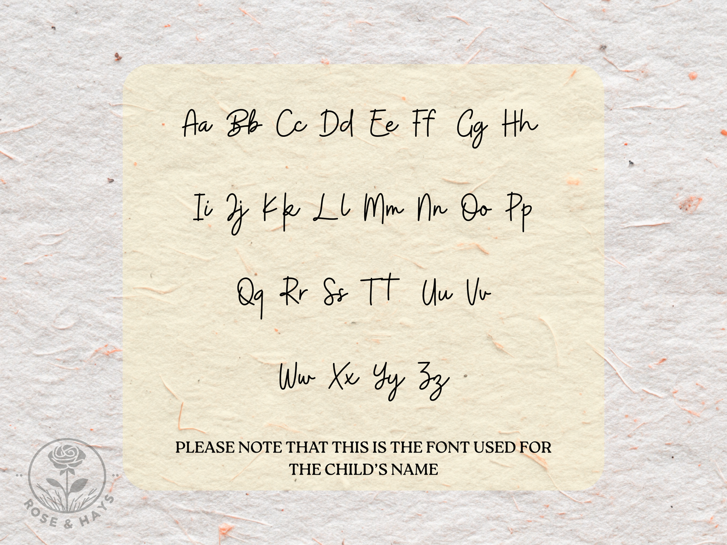 Handwritten alphabet letters for personalisation on a textured paper background  with a brand logo at the bottom left corner.