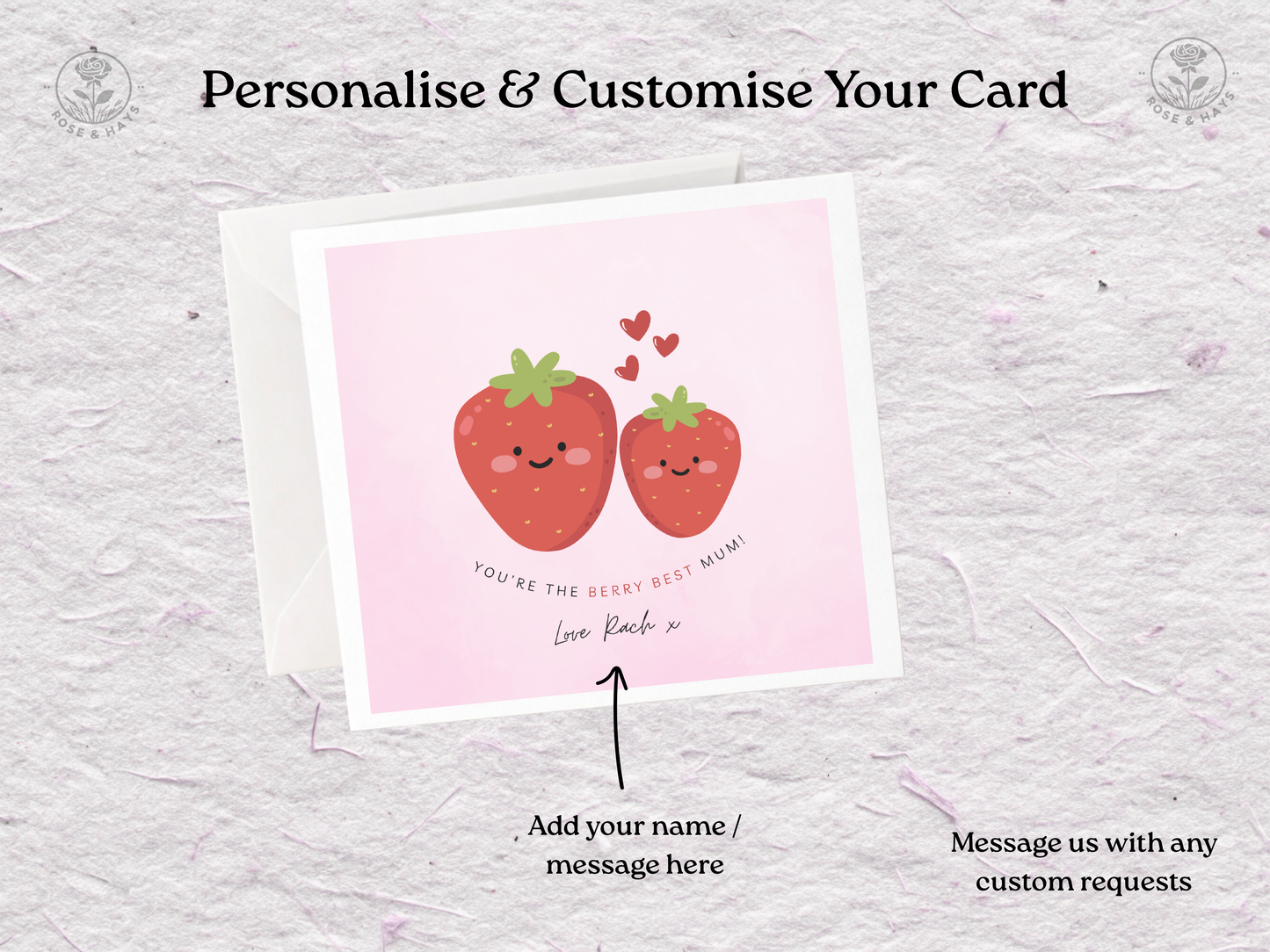 Greeting card with two strawberries and text on a textured gray background