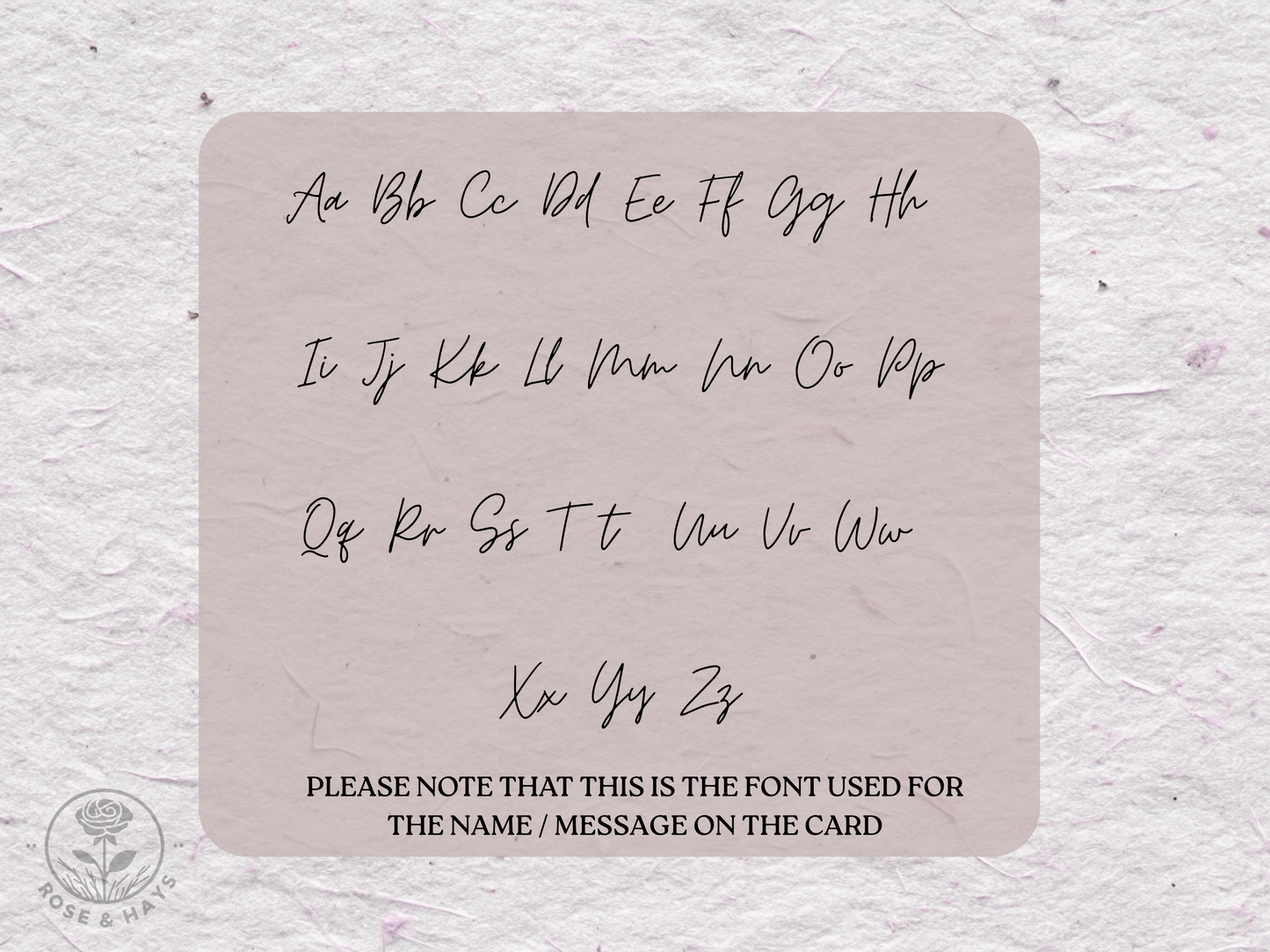 Card with a sample of a handwritten font on a textured beige background