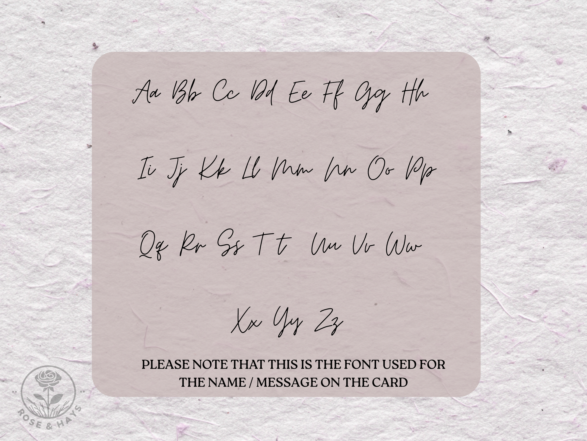 Card with a sample of a handwritten font on a textured beige background