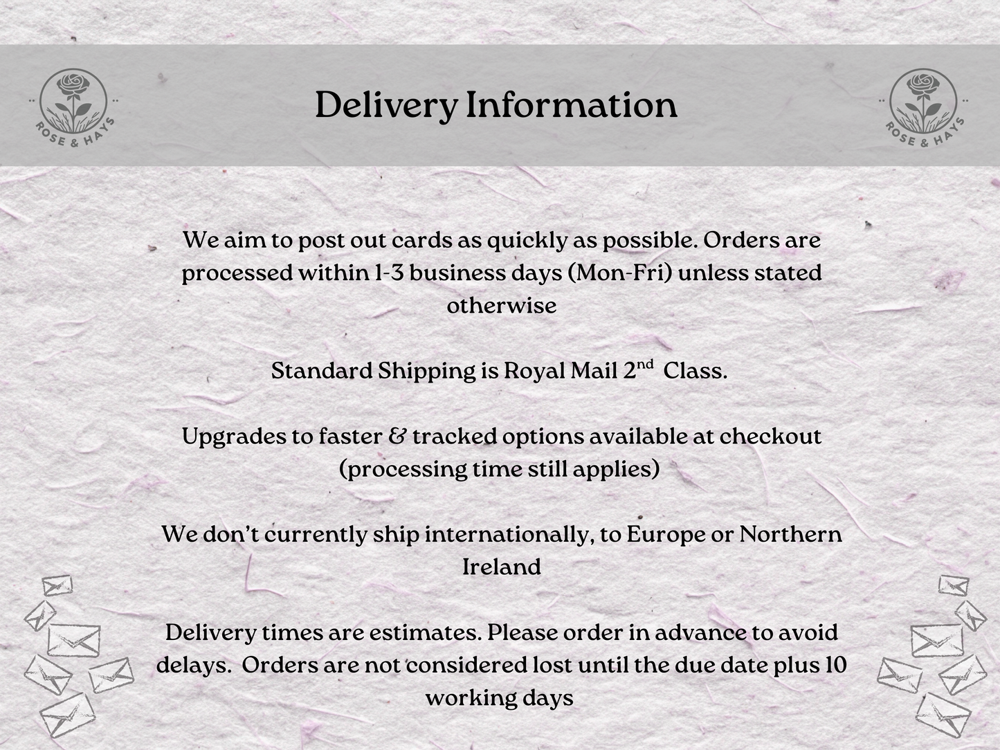 Delivery information text on a textured background with floral elements
