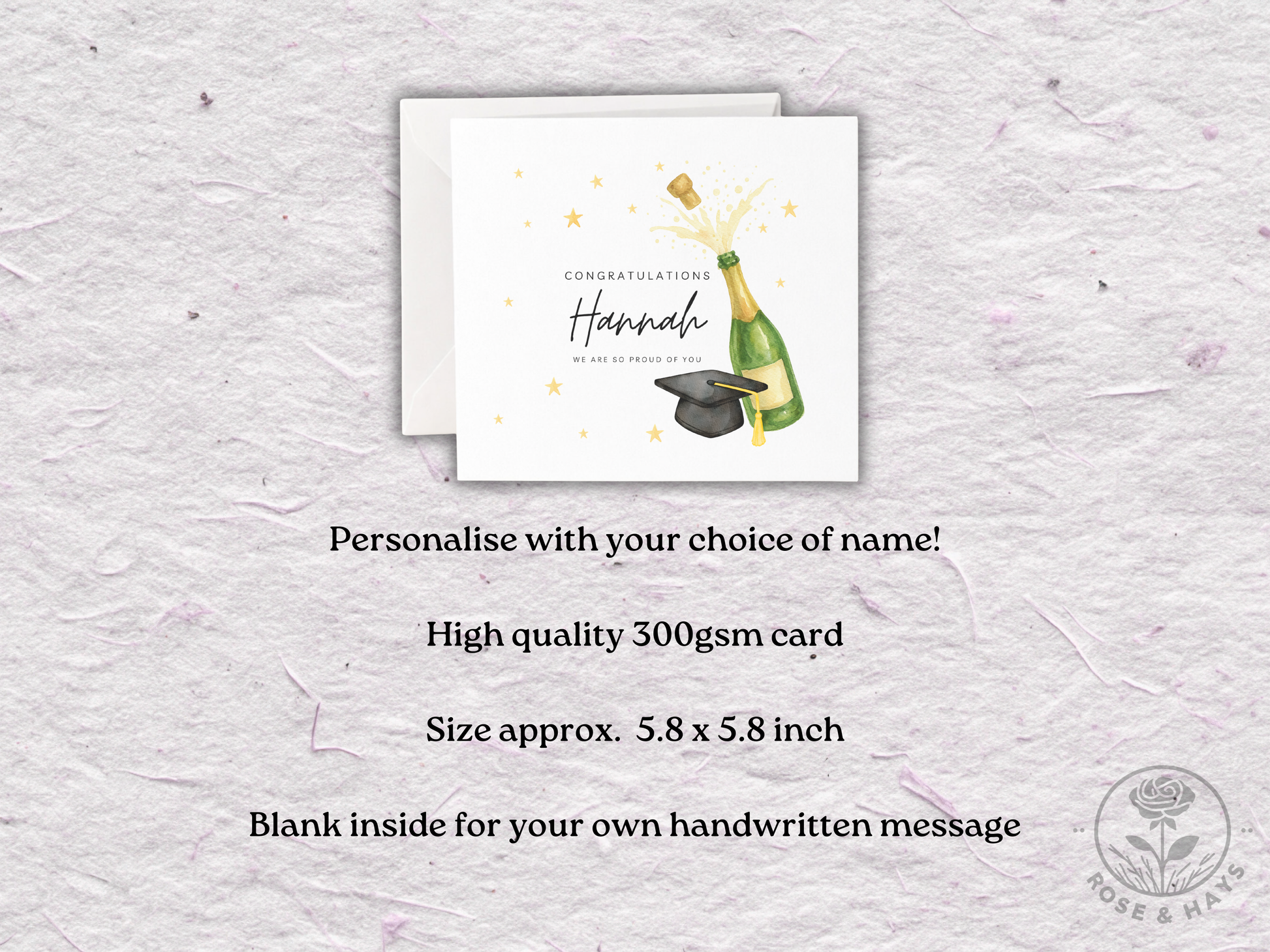 Graduation-themed card with champagne bottle and cap on a textured gray background