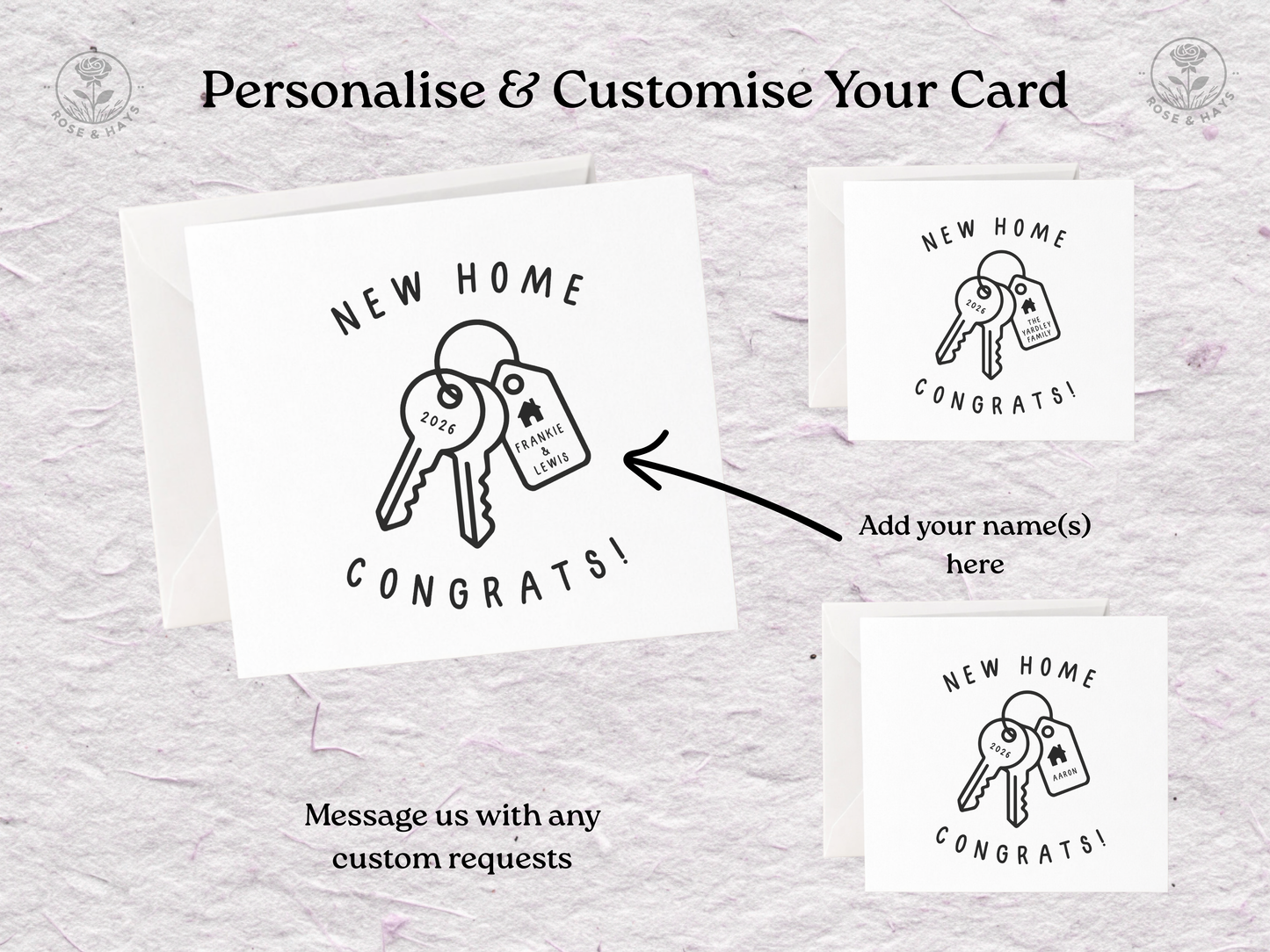New home congratulations card with customizable text on a textured background
