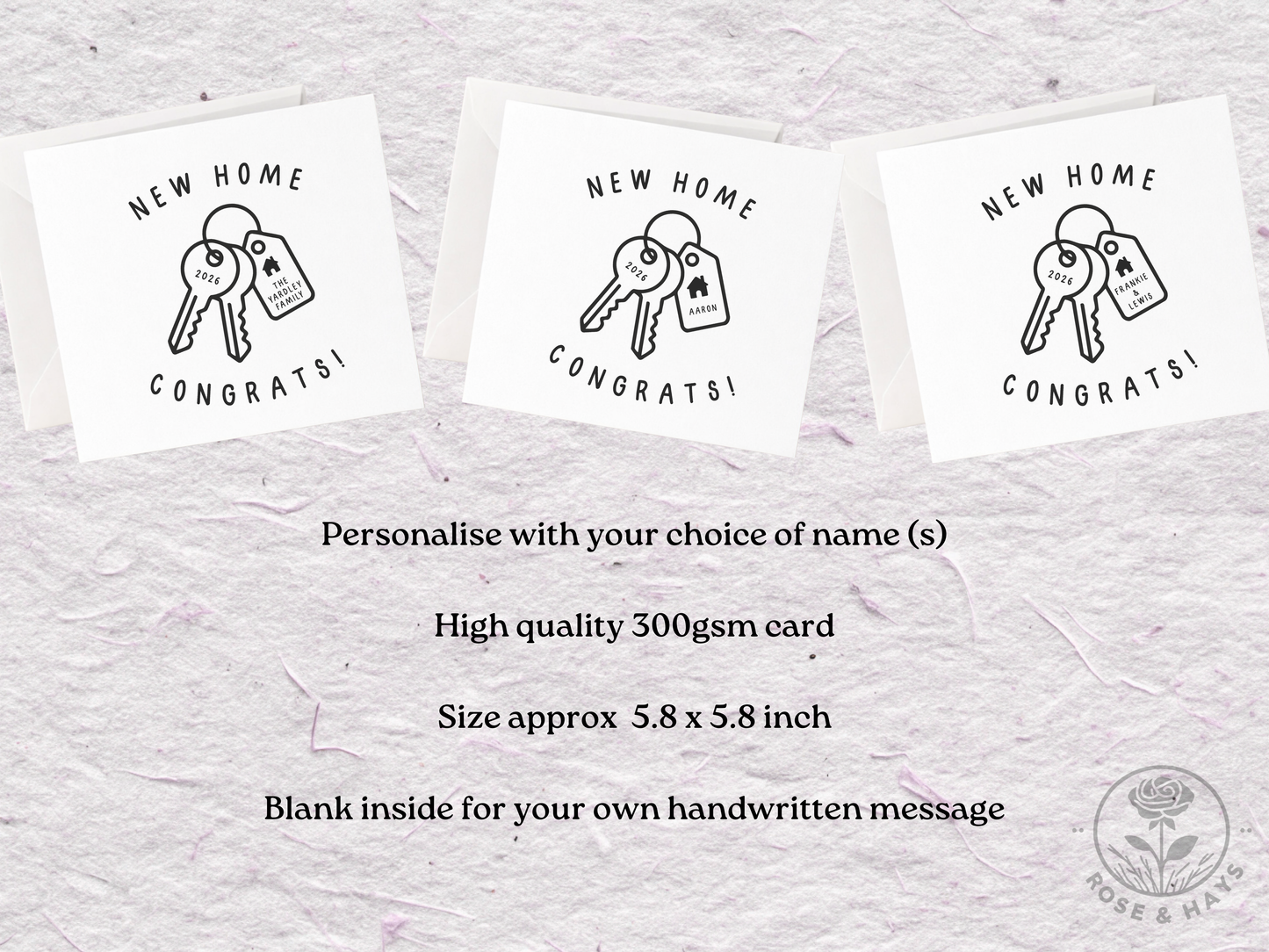 Three 'New Home Congrats!' cards with keys on a textured gray background.