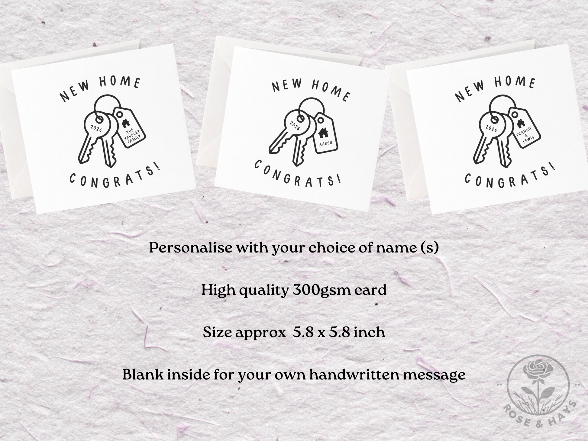 Three 'New Home Congrats!' cards with keys on a textured gray background.