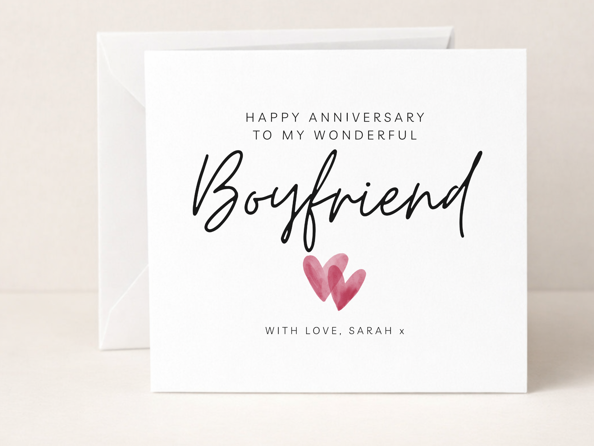 Greeting card for a boyfriend's anniversary with hearts and text on a white background