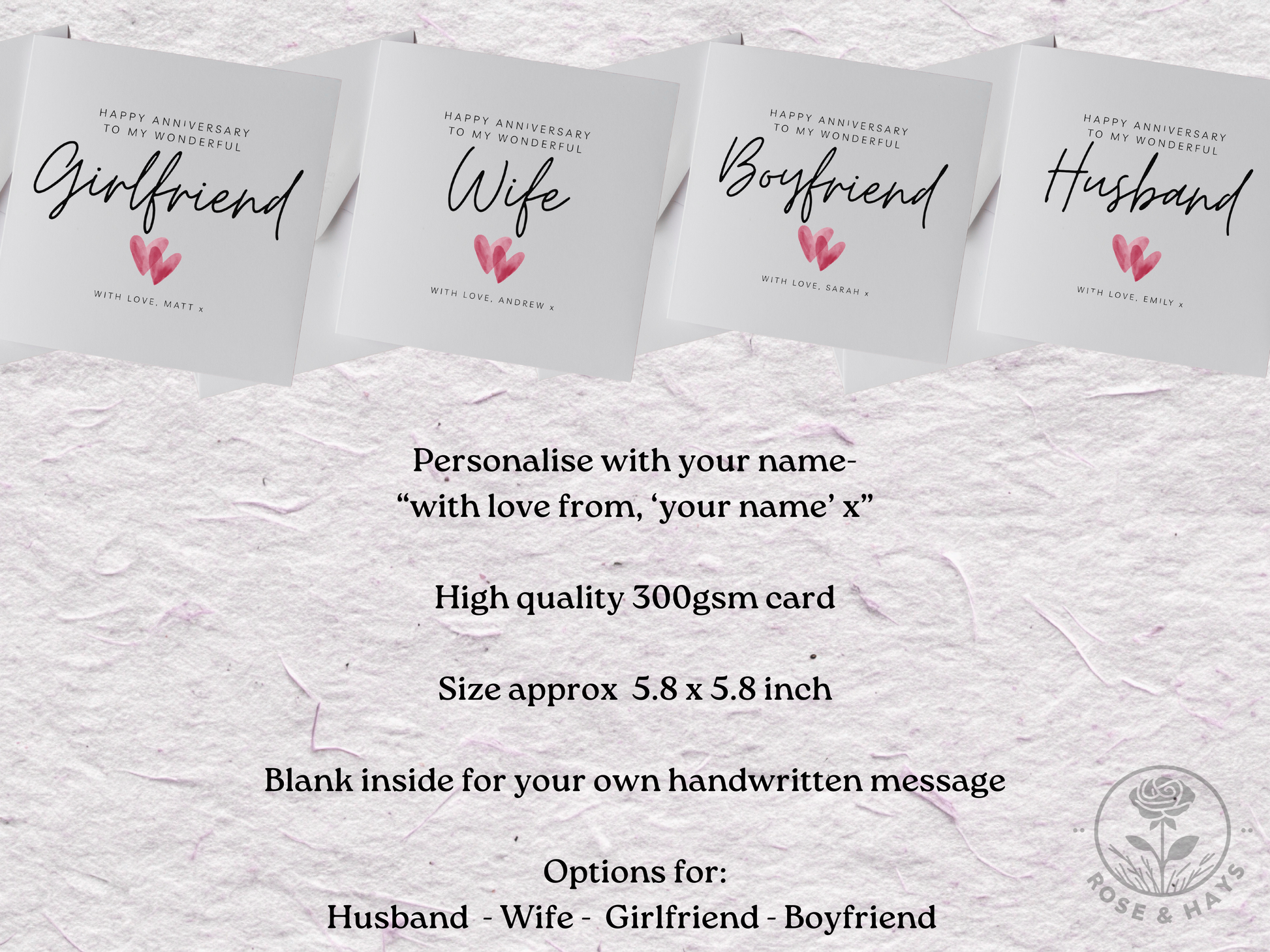 Set of personalized anniversary cards on a textured surface with text detailing customization options.
