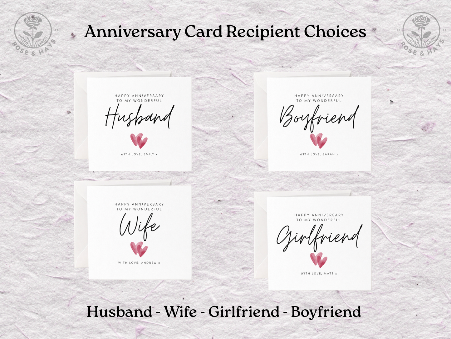 Four anniversary cards for different recipients on a textured gray background.