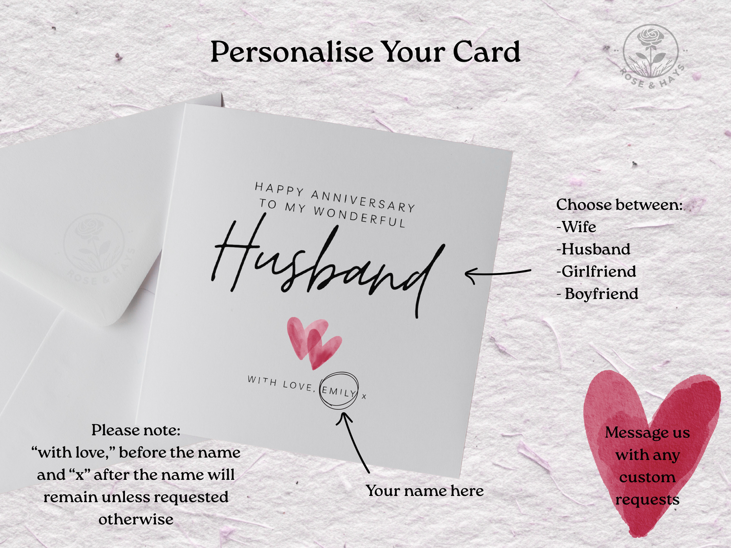 Personalized anniversary card for husband with customizable text on a textured background