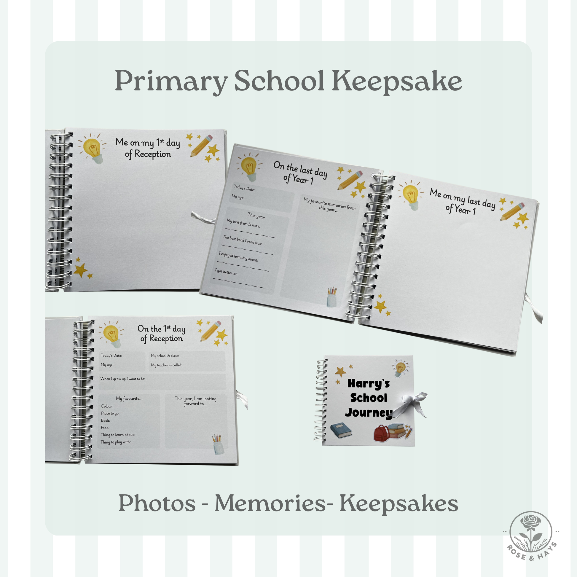 School memory book with various pages on a light background, Prompts and interview questions shown to capture memories and moments through primary school