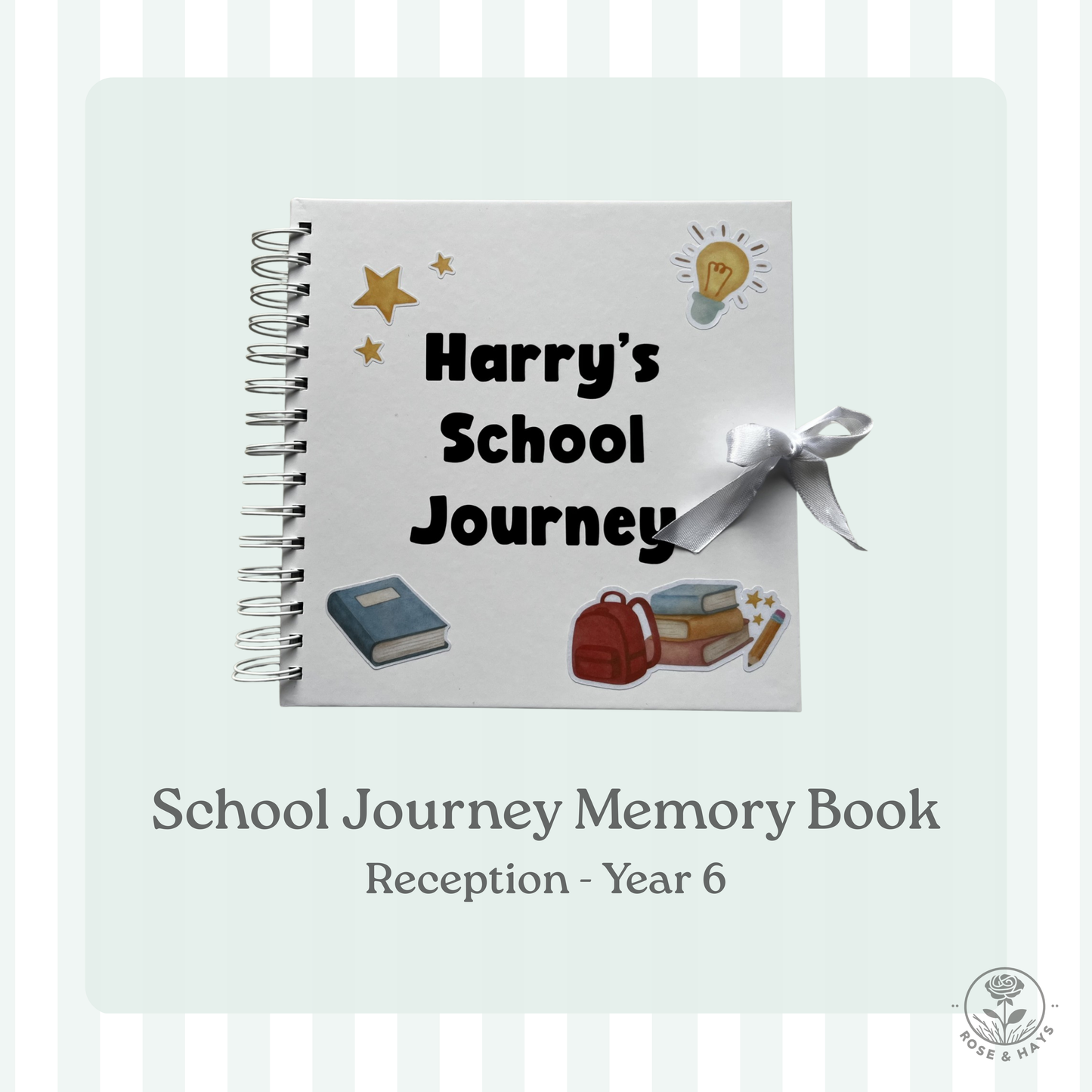 School memory book titled 'Harry's School Journey' with a ribbon on a white background. School journey memory book. Reception to year 6