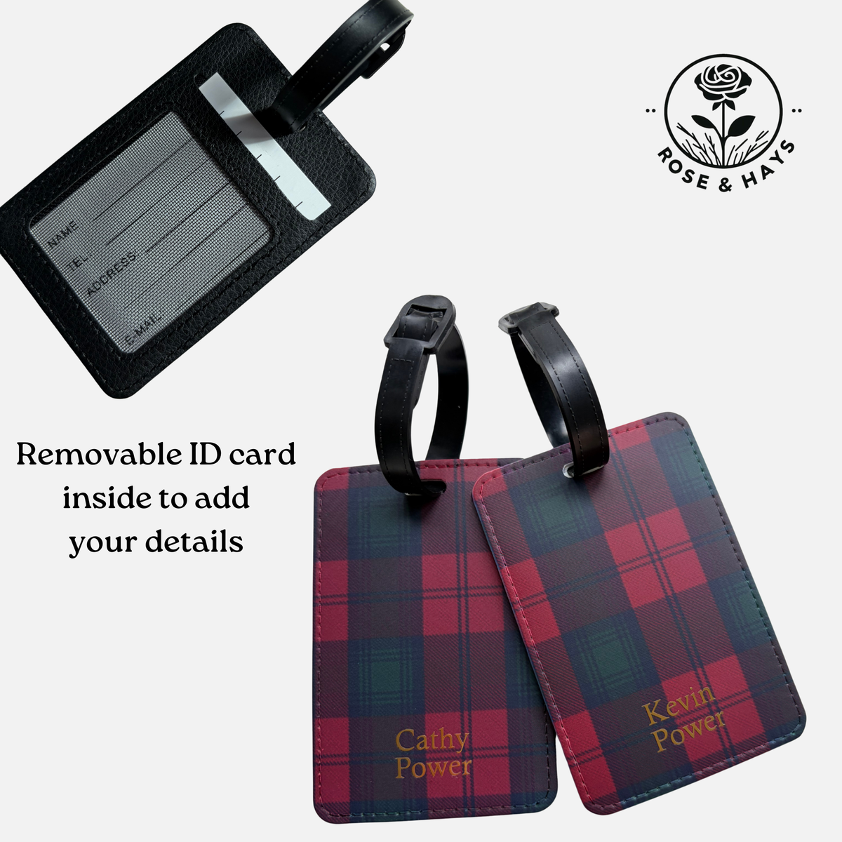 Two rectangular luggage tags with black luggage tags are shown on a light grey background. One tag is black with a clear ID window, and the other pair feature a red and green tartan plaid pattern with gold personalized names.