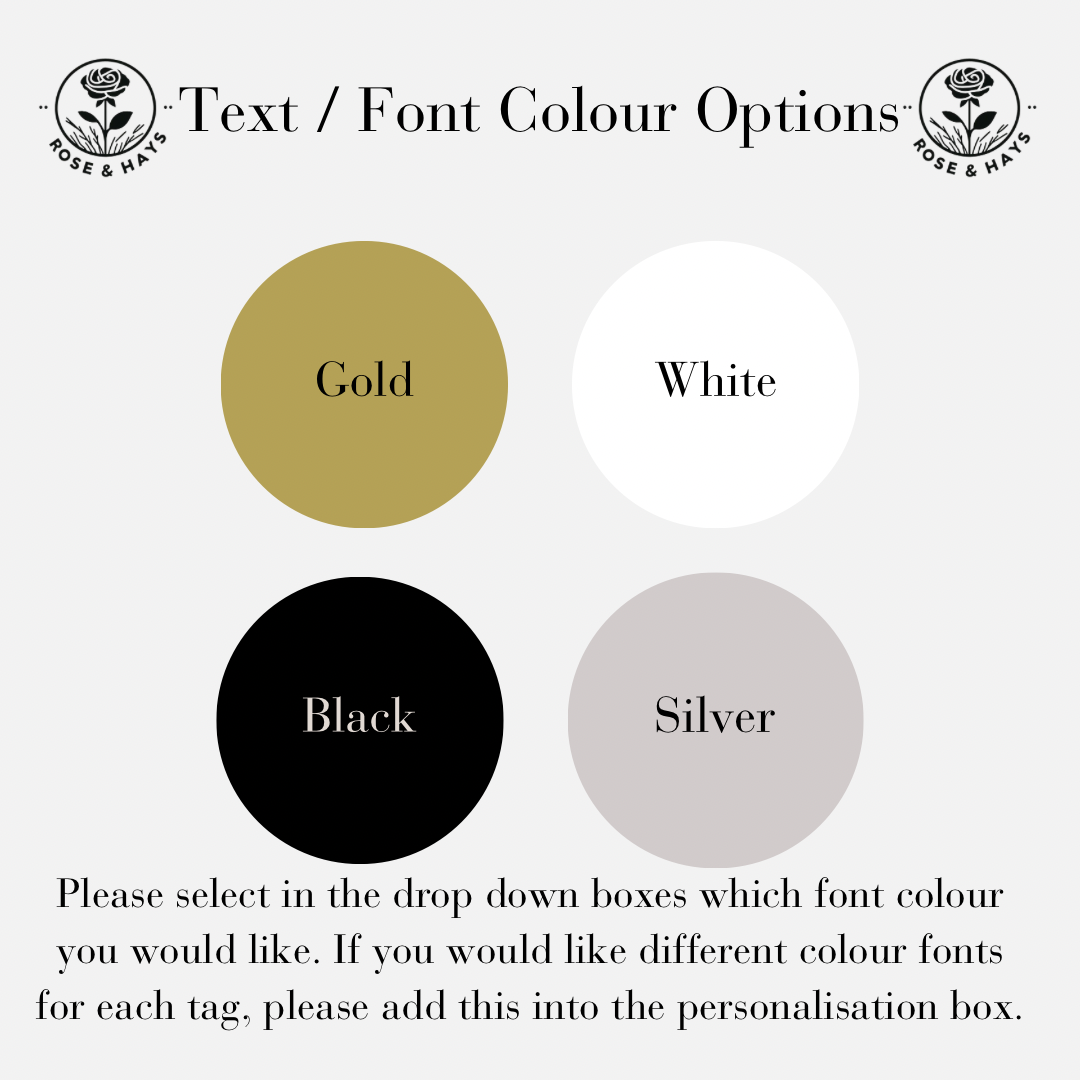 Text/font color options with gold, white, black, and silver circles on a white background.