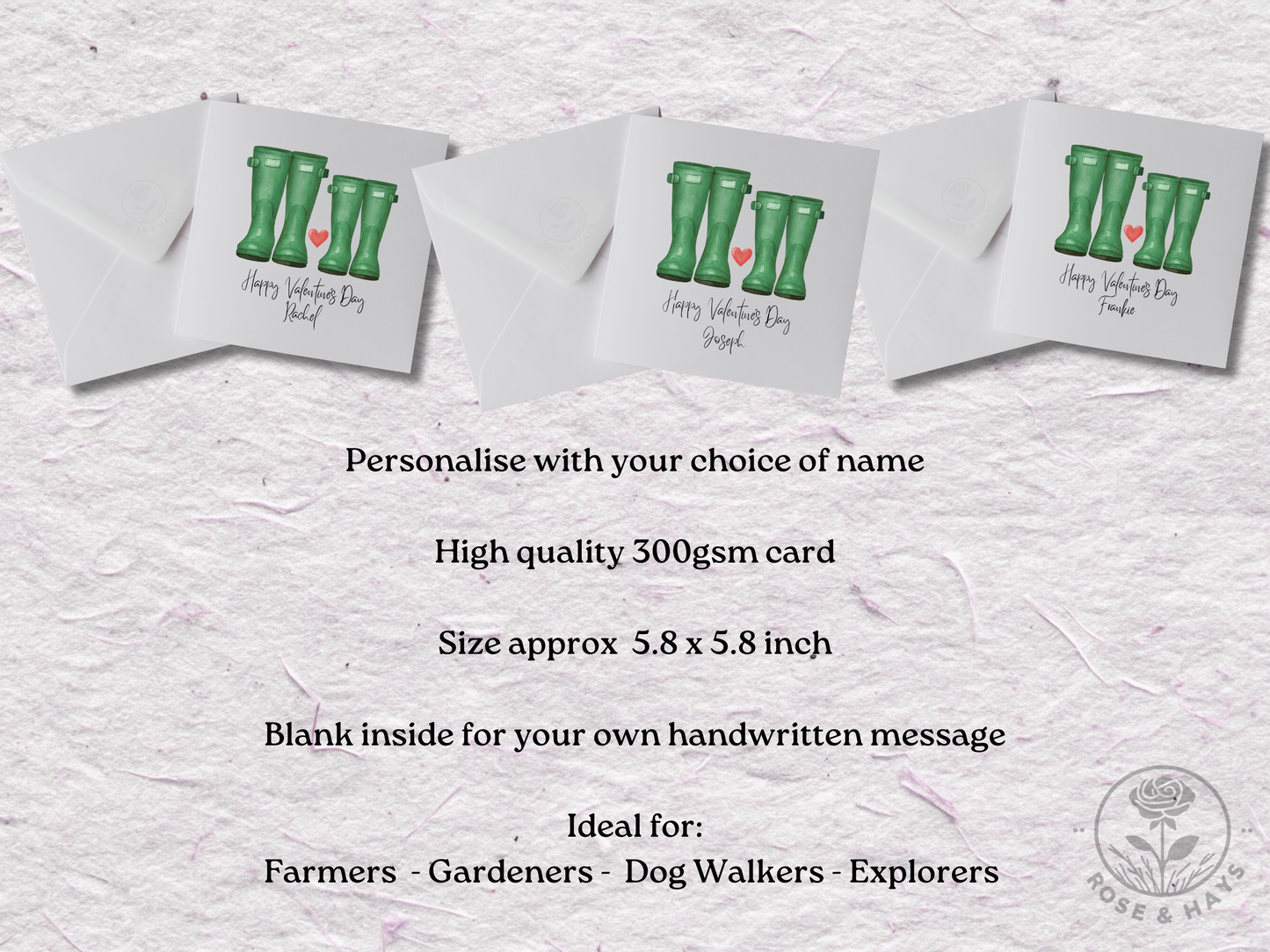 Set of greeting cards with green boots and hearts on a textured white background with information beneath about the greetings cards. Personalisable 300gsm car, 5.8 x 5.8 inches. Ideal for farmers, gardeners, Dog walkers and explorers