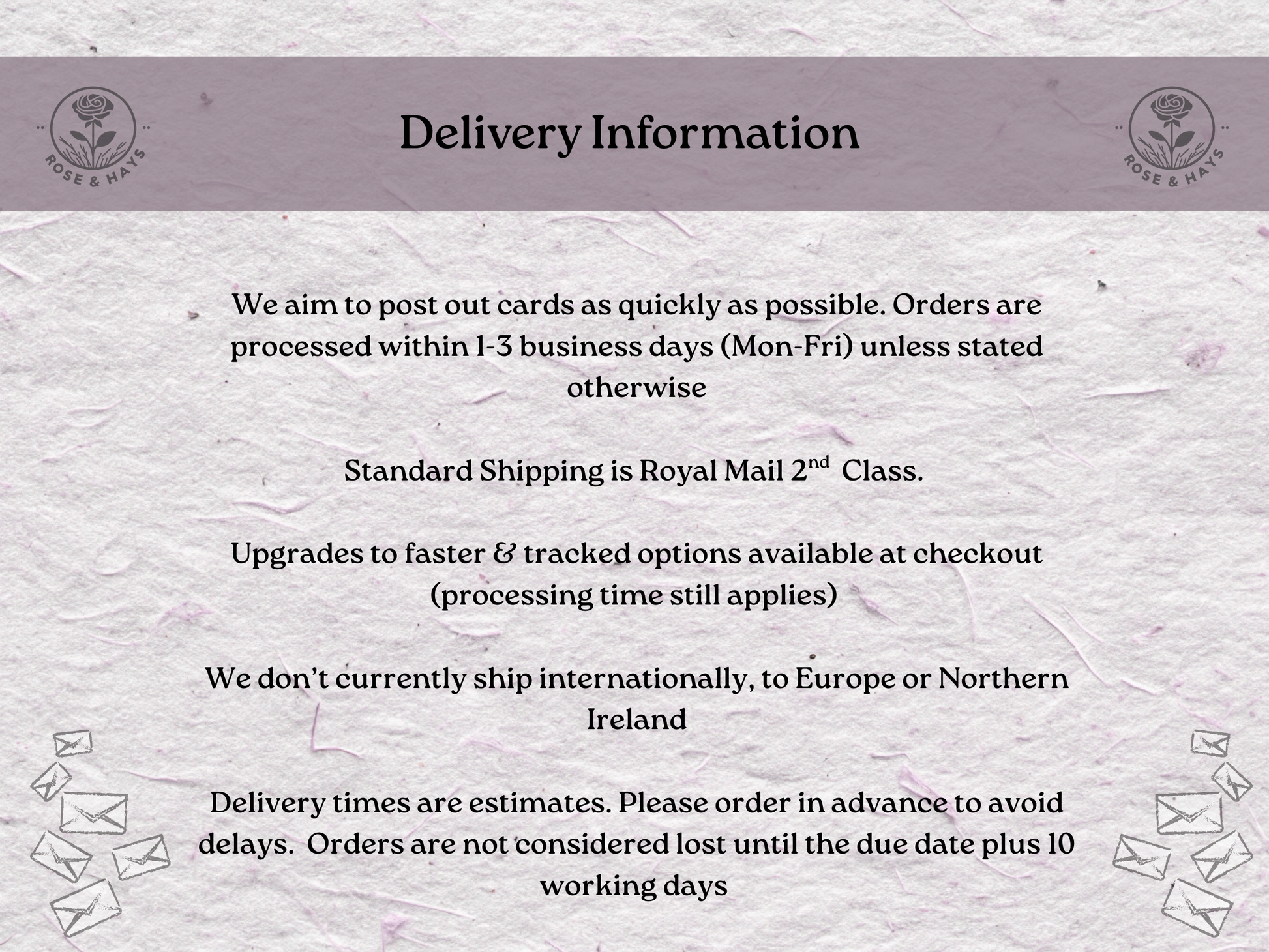 Delivery information text on a textured background with floral elements