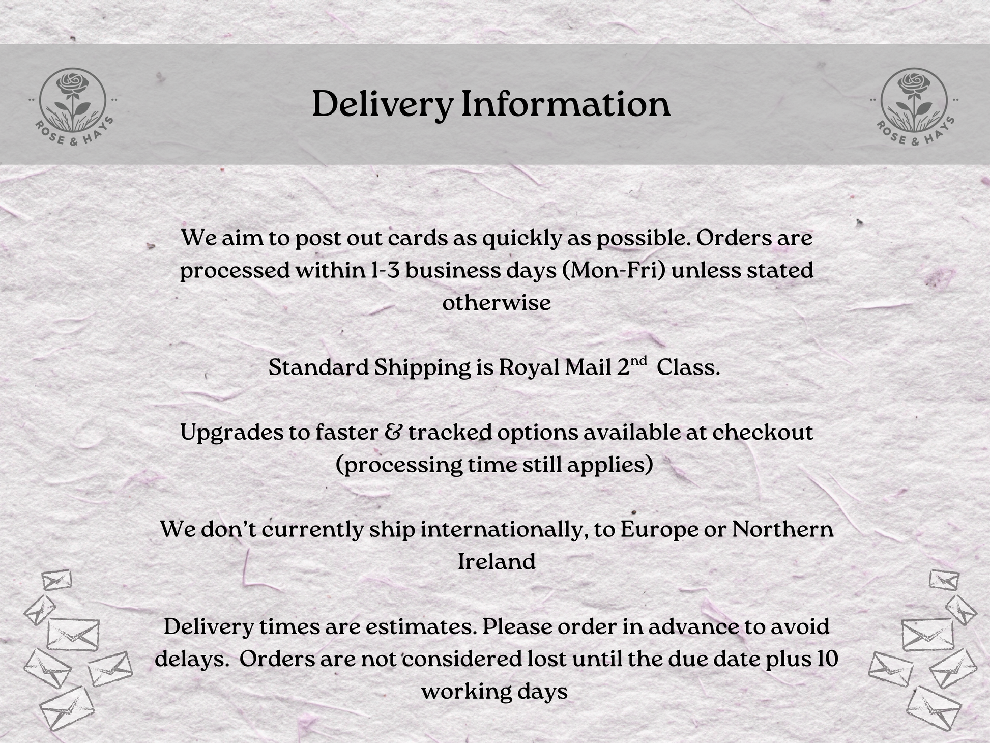 Delivery information text on a textured background with floral elements