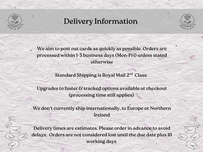 Delivery information text on a textured background with floral elements
