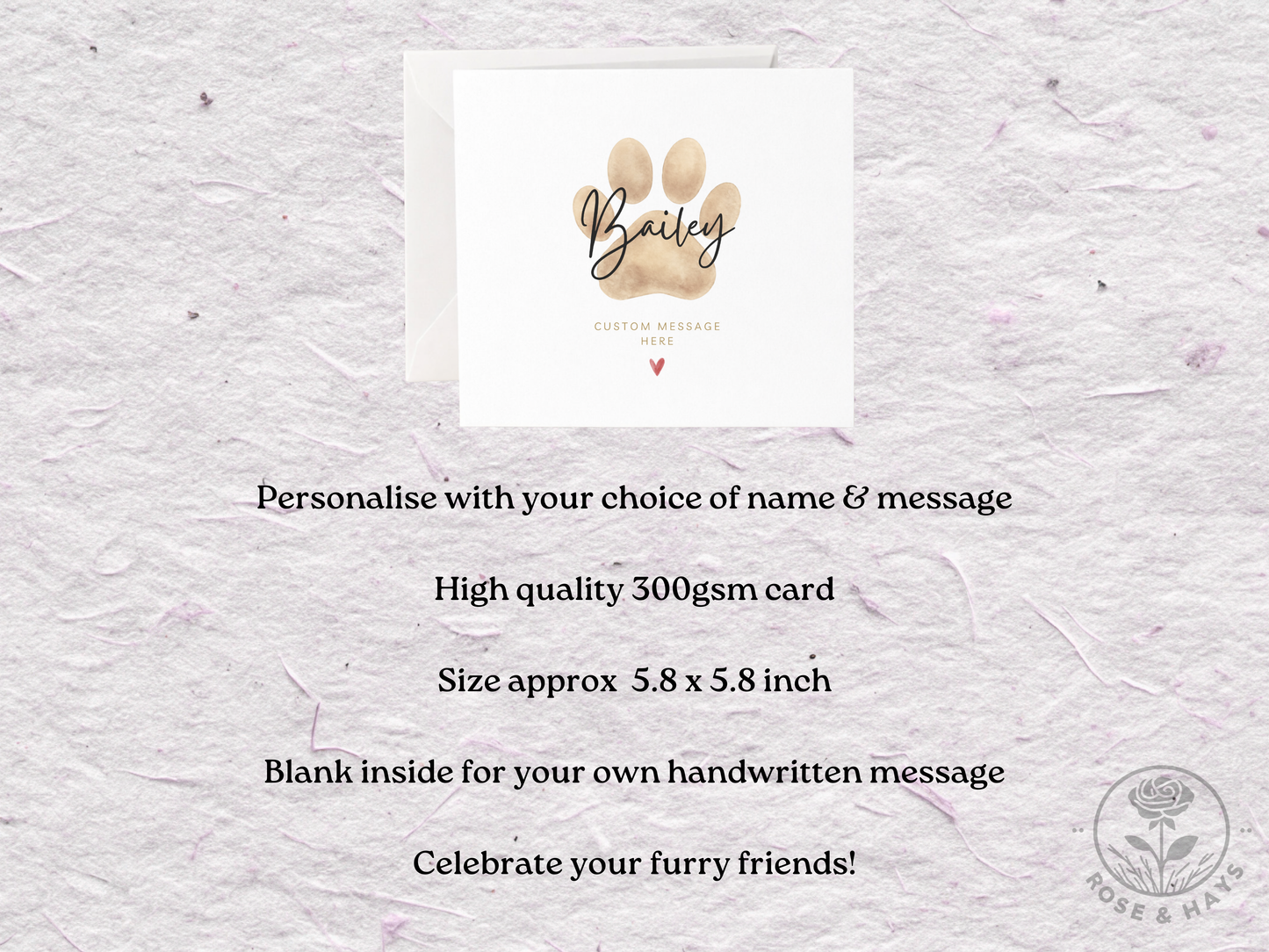 Greeting card with paw print design and text on a textured white background