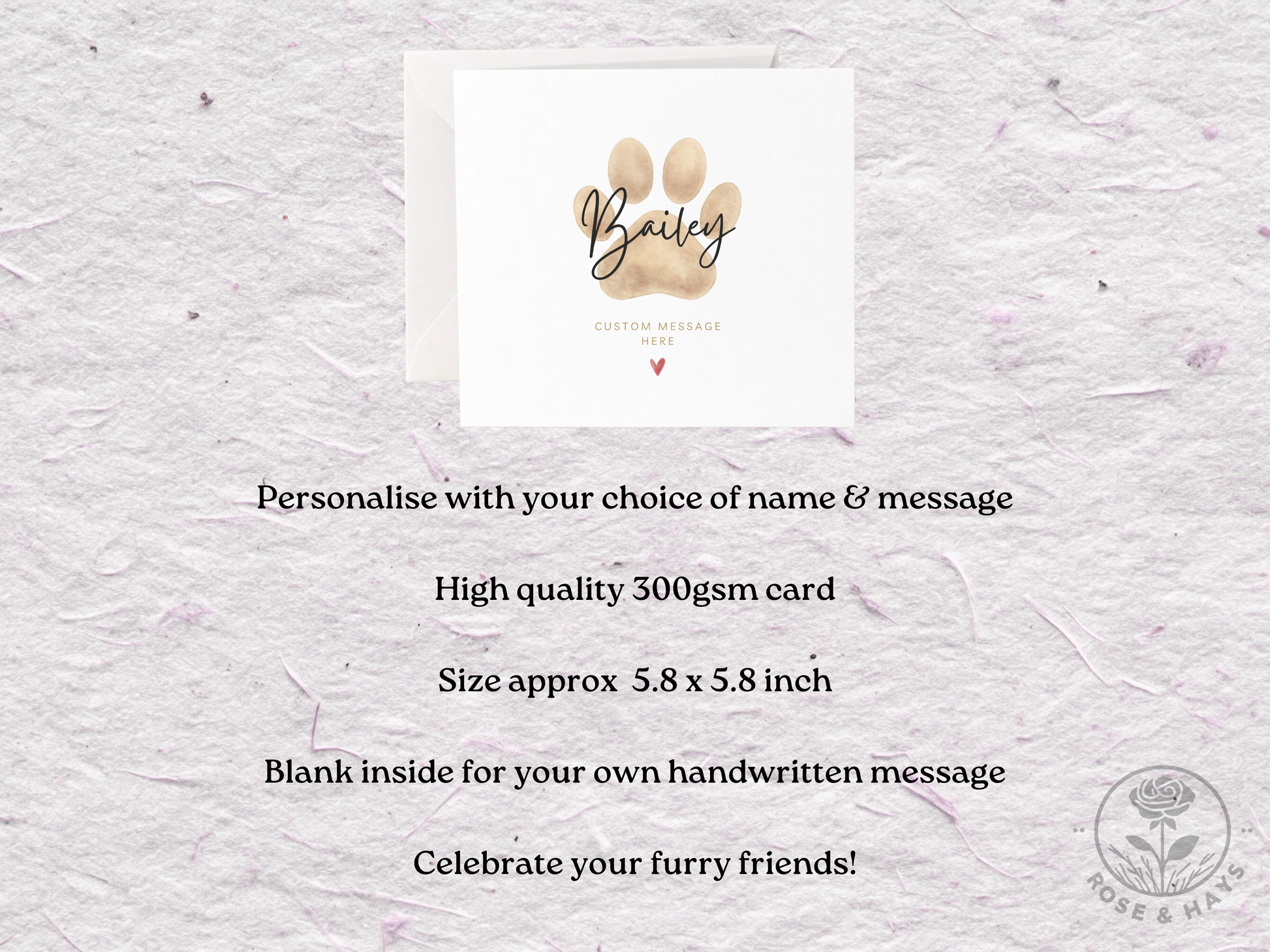 Greeting card with paw print design and text on a textured white background