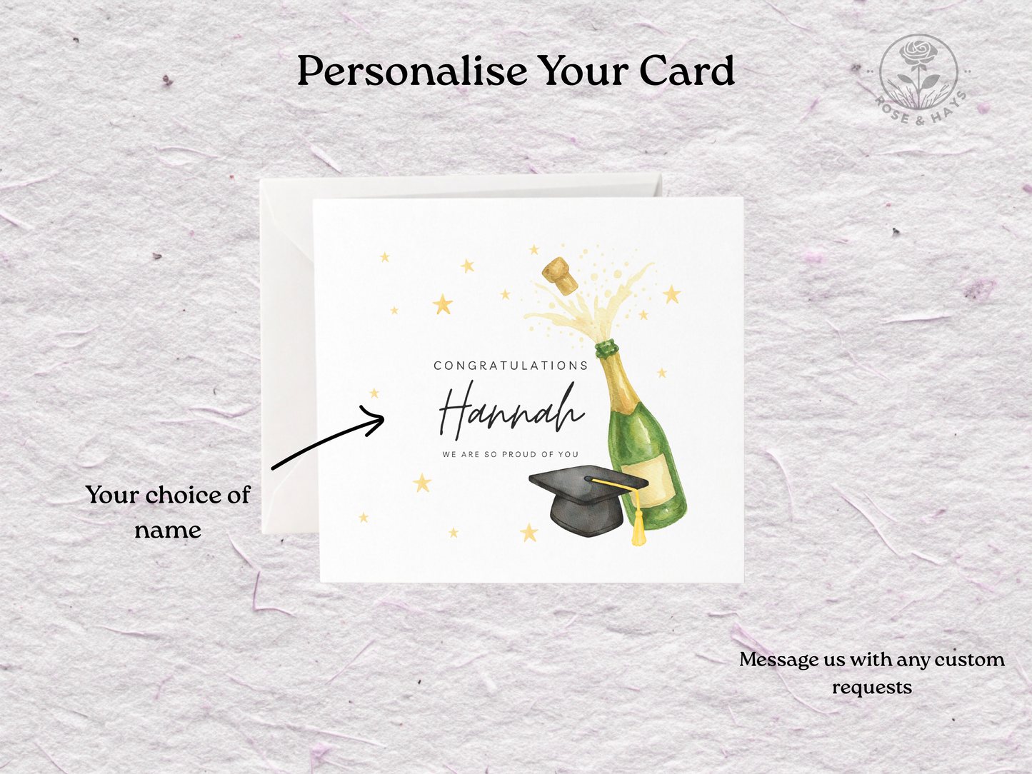 Graduation-themed card with champagne bottle and cap on a textured gray background