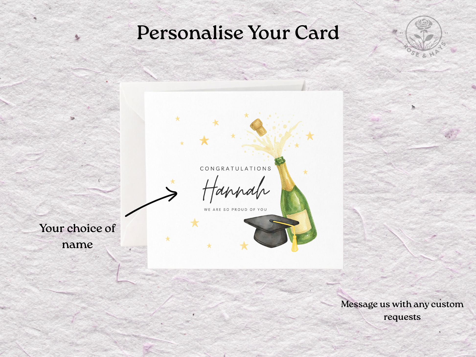 Graduation-themed card with champagne bottle and cap on a textured gray background
