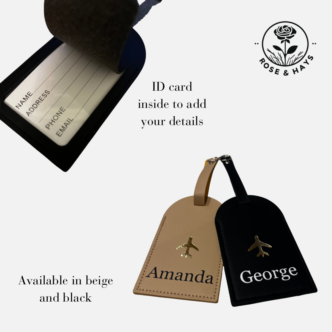 Two luggage tags, one beige and one black, with 'Amanda' and 'George' printed on them, and an ID card for personal information.