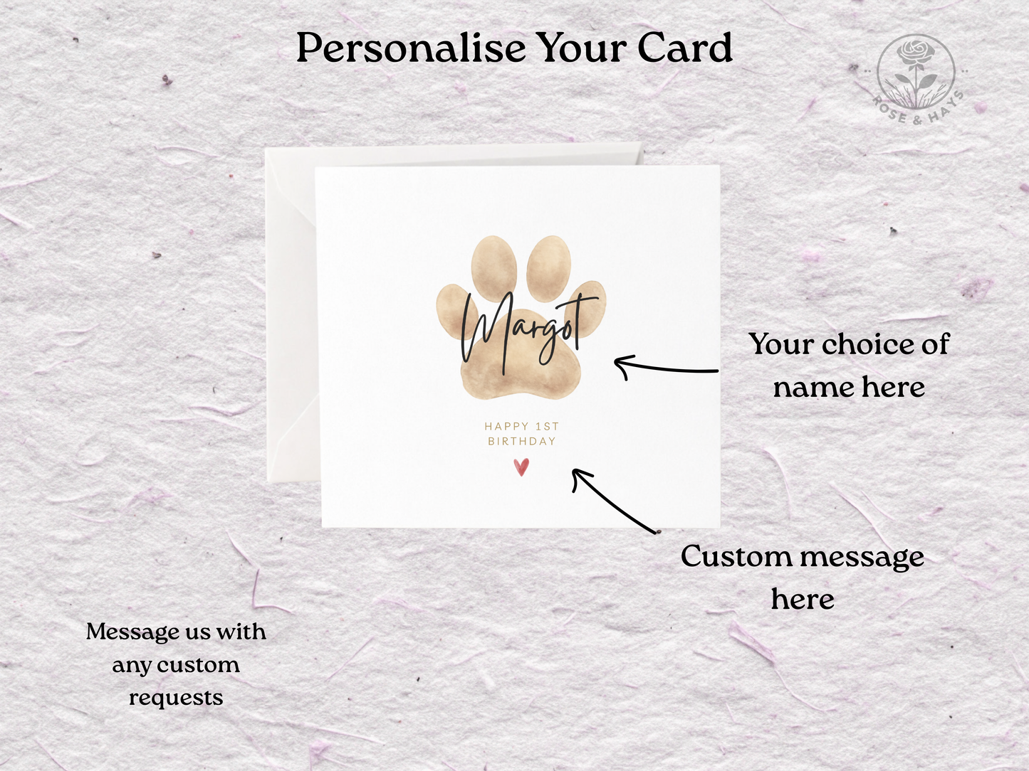 Showing personalisation options for dog birthday card. Greeting card with paw print design and text space on a textured grey background
