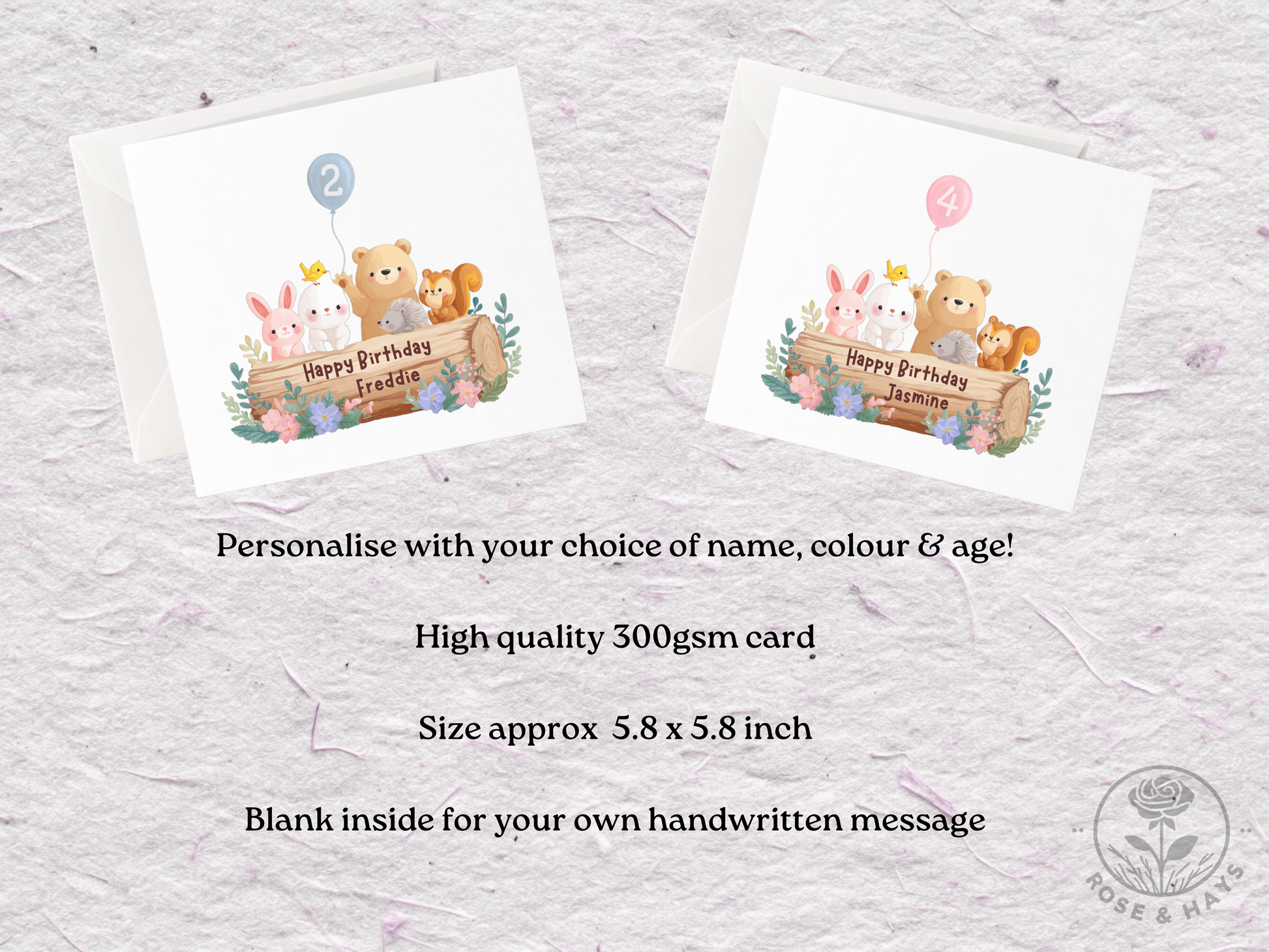 Two birthday cards with teddy bears and flowers on a textured surface.