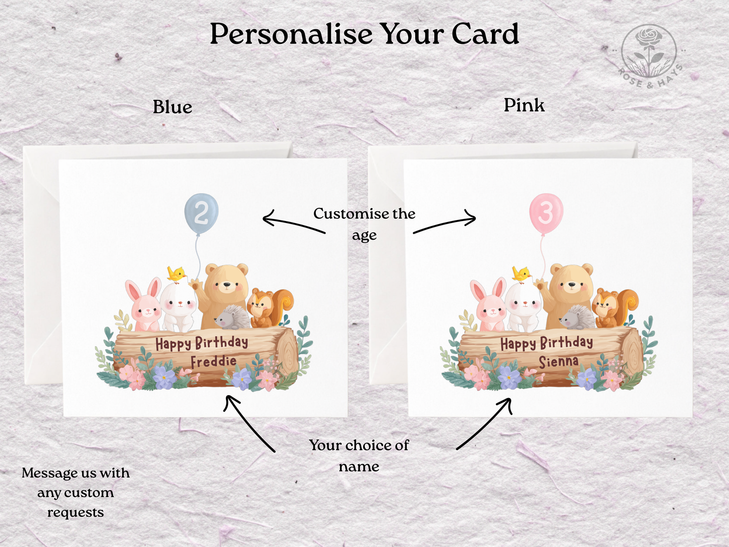 Two birthday cards with teddy bears and flowers, one blue and one pink, on a textured gray background.